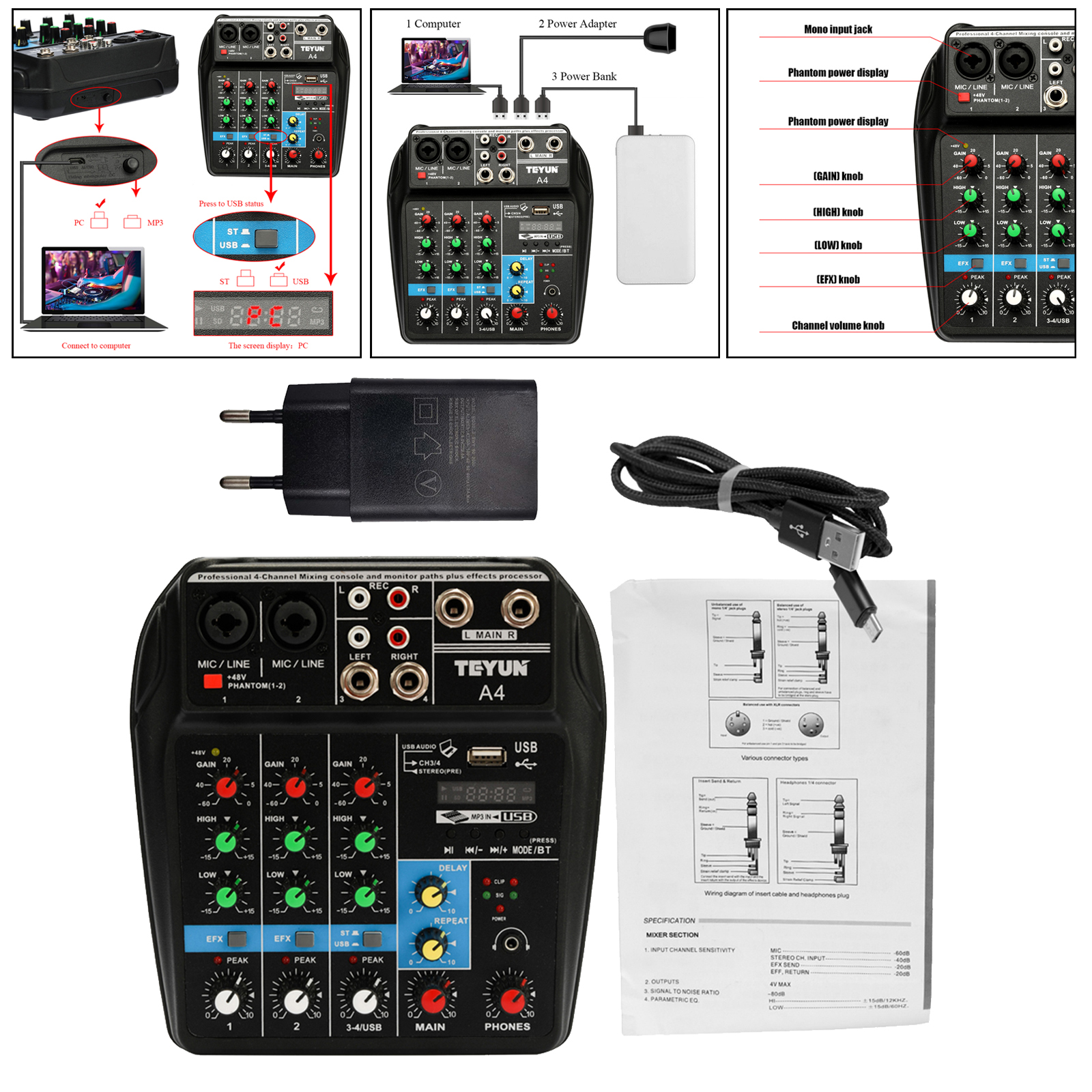 1pc Portable 4 Channel Digital DJ Sound Mixing Console System MP3 Jack 48V Amplifier AUX Paths for Studio Streaming