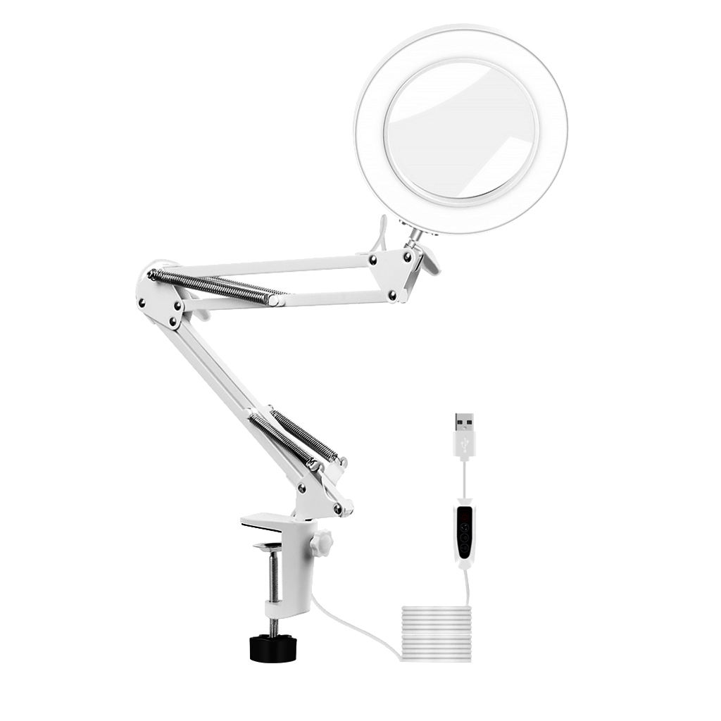 LED Reading Lamp 5X Magnifying Glass Light Clamp on Magnifier Lens Flexible Adjustable Swivel Arm 105mm Diamter, Clamp on