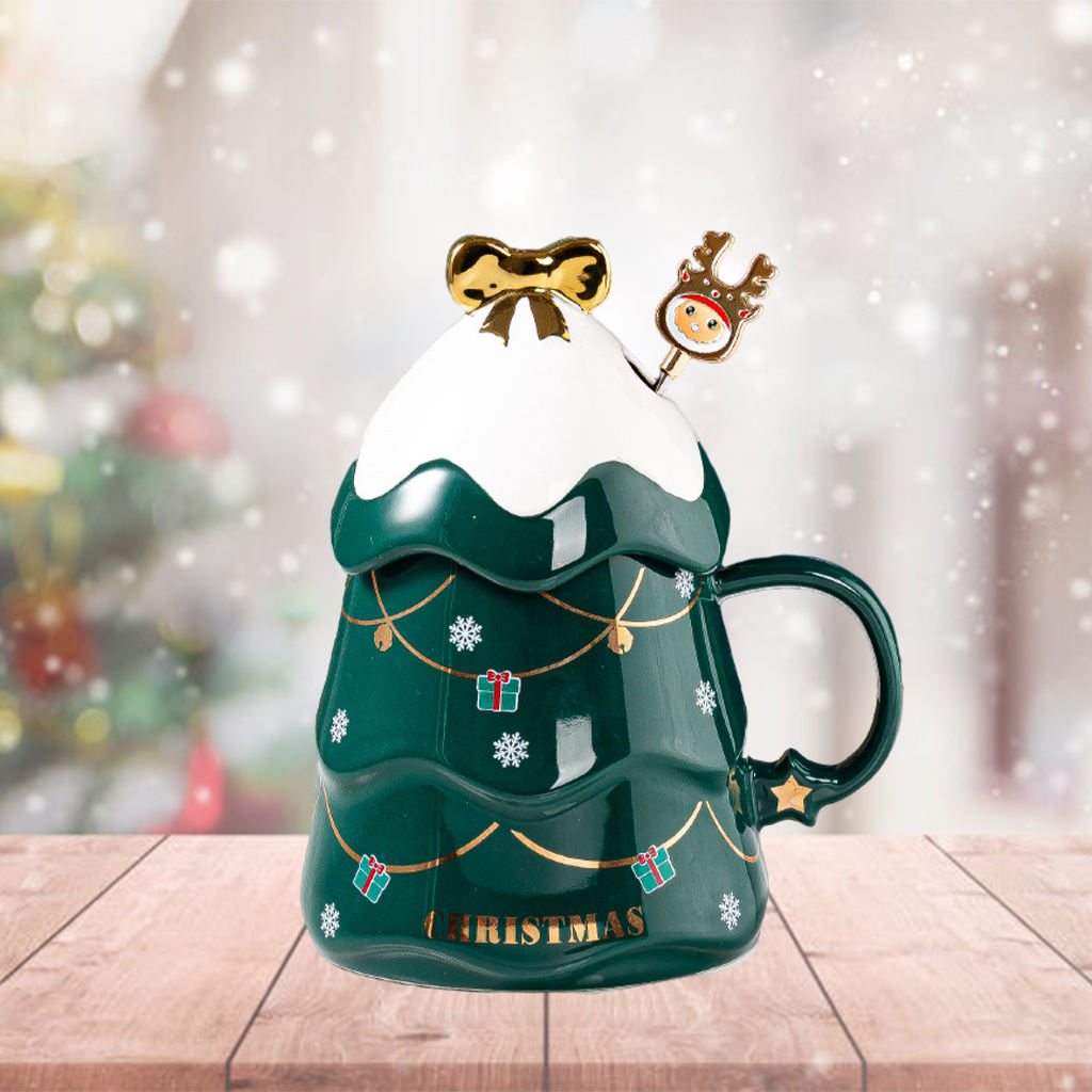 1PC Decorative Christmas Tree Coffee Mug 17oz Painted with Lid Novelty Drinking Mug Tea Cup for Daily use Men Women