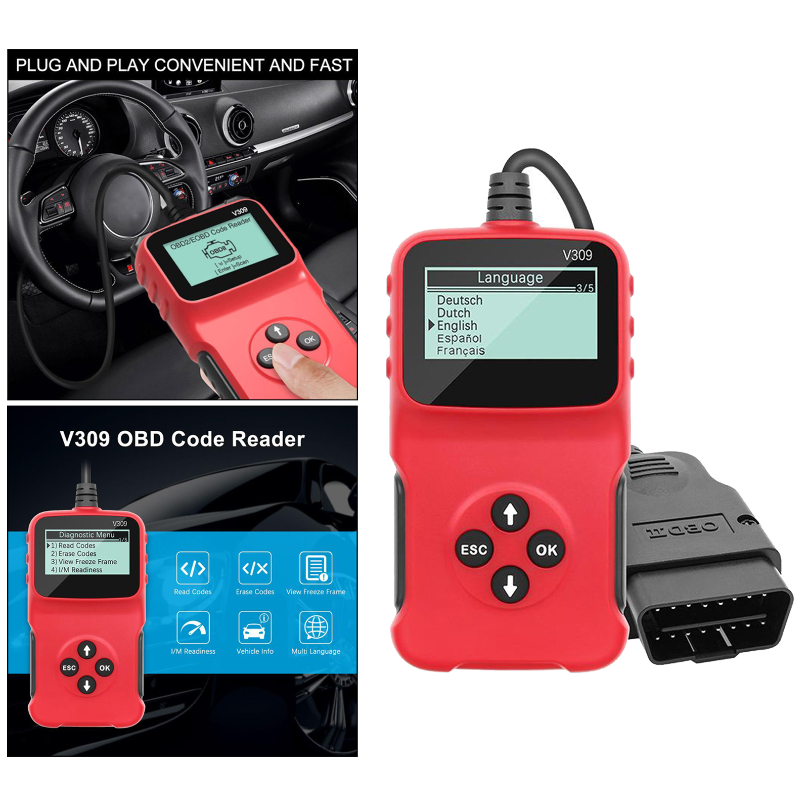  V309 OBD 2 OBDII Car Auto Diagnostic Tool Interface Scanner OBD Code Reader Car Check Engine Fault Diagnostic Tool