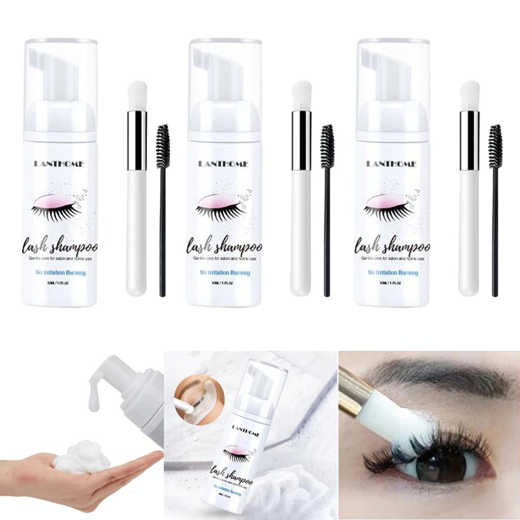 3x Shampoo Eyelash Extension 50ml Salon Eyelash Cleansing Foam Gentle No Stimulation Eyelash Extensions Brush Shampoo Kit