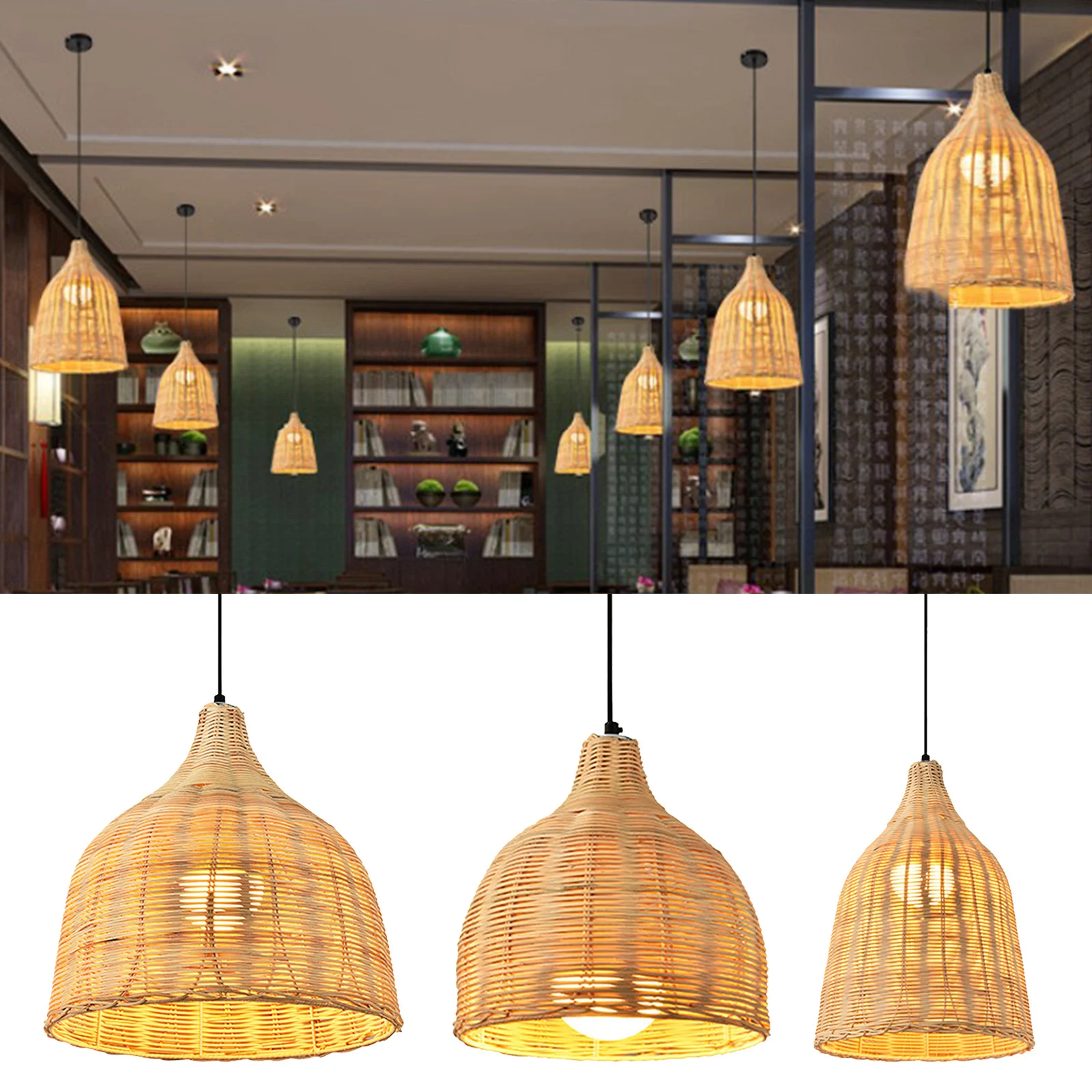 Modern Rattan Woven Ceiling Light Fixture Pendant Lamp Chandelier For Living Room Hotel Restaurant Cafe Office Decorative
