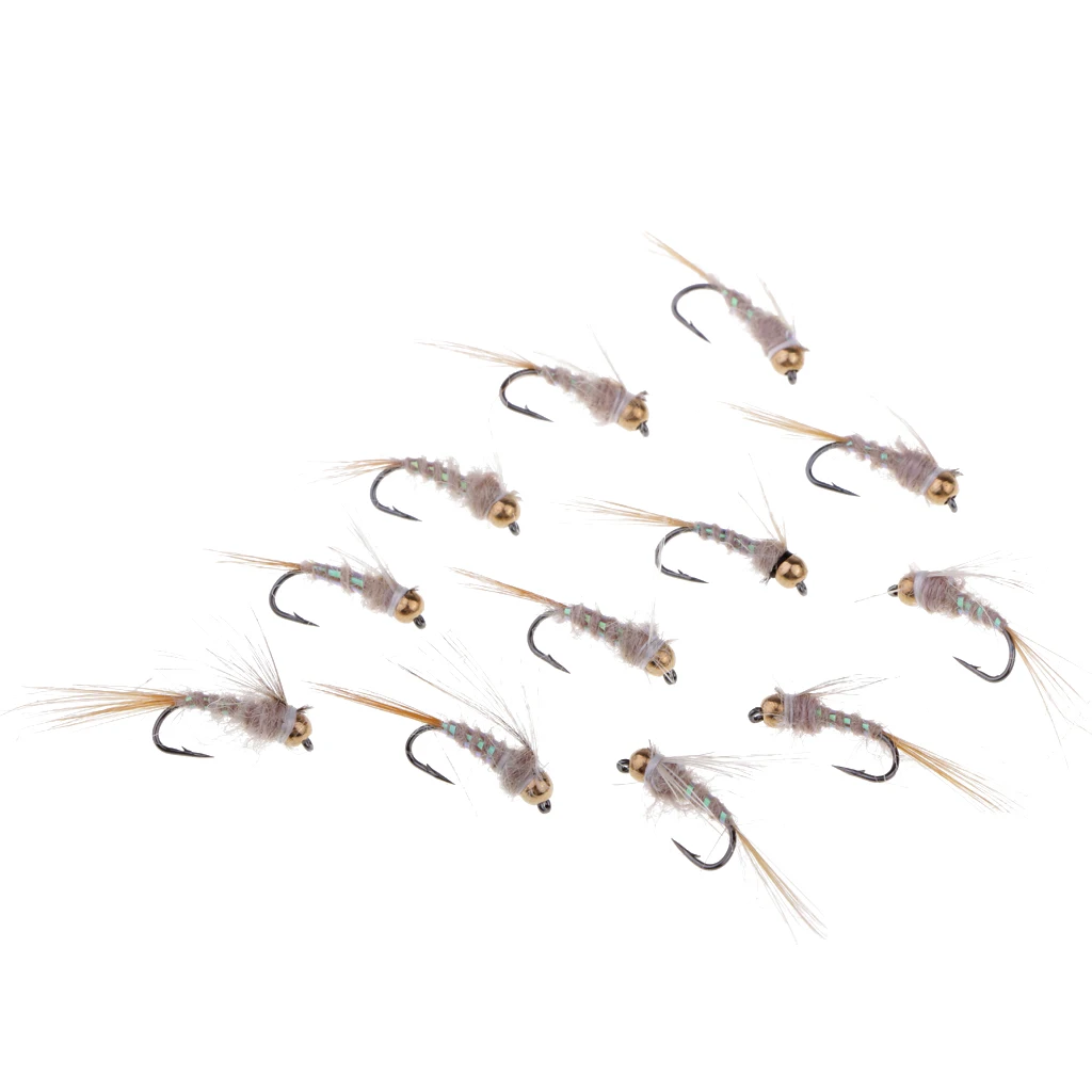 12pcs Brass Bead Head Trout Fly Fishing Nymphs Sinking Simulation Flies Lure