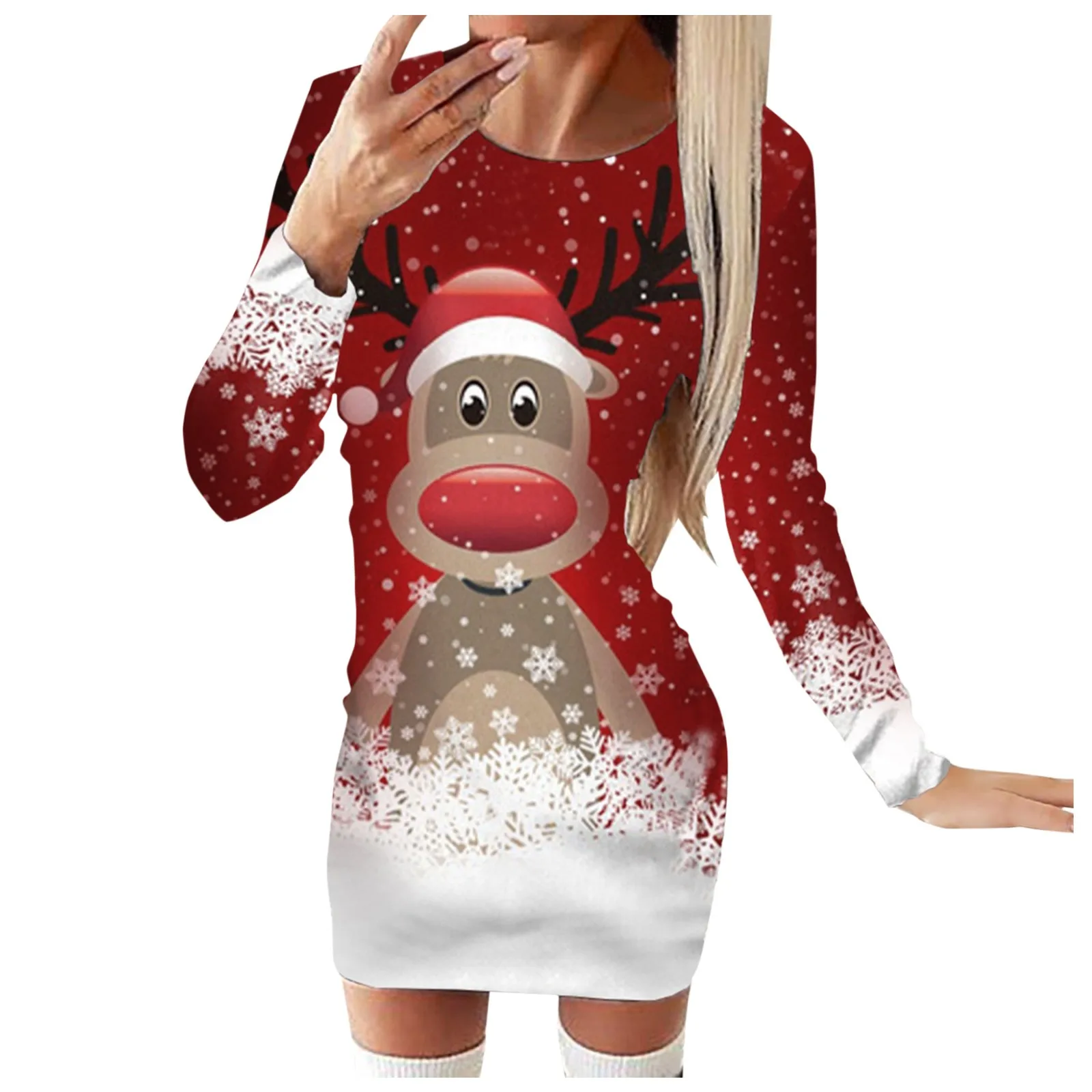Autumn Winter Women Bodycon Santa Claus Printed Casual Mini Dress For Christmas, Party, Daily Wear. 