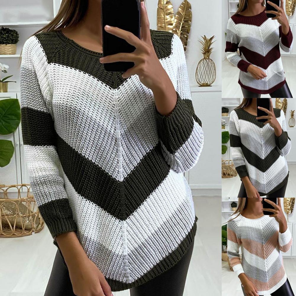 pulôver de impressão listrada camisola de malha feminina solta casual jumper topo camisola de outono oversize malhas básico jumper