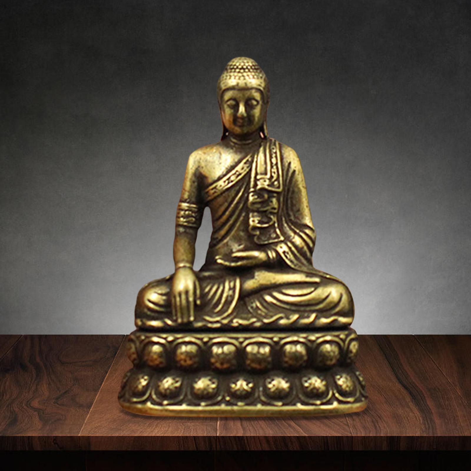 Vintage Brass Sitting Buddha Figurine Small Sakyamuni Statue for Collection Journey Worship Antique Home Desktop Decor