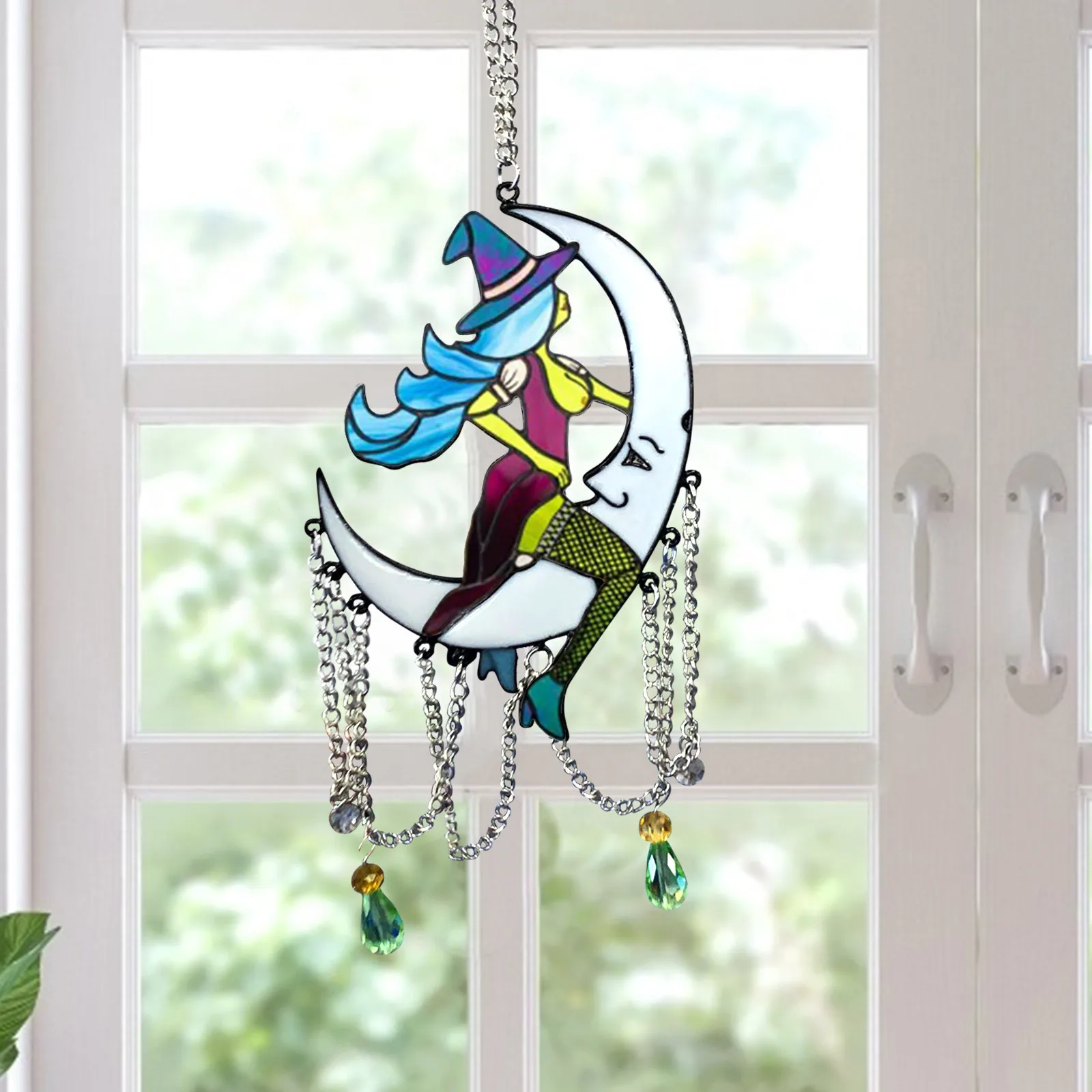 Stained Glass Witch On the Moon Window Hanging Suncatcher Witch Lover Gift Decor 