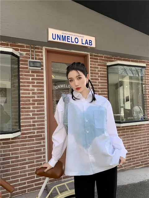 女性用長袖ブラウス,韓国の服,ホワイトカラー,ハートプリント