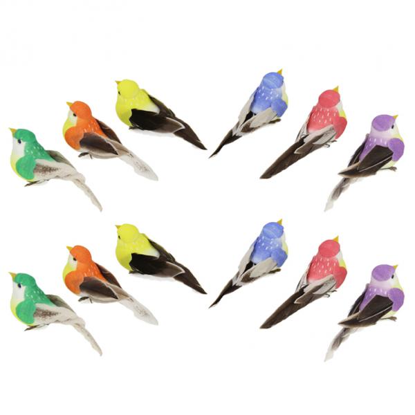 Pack of 12 Artificial Feathered Birds Garden Outdoor Statues for Bonsai Hanger Lawn Decoration