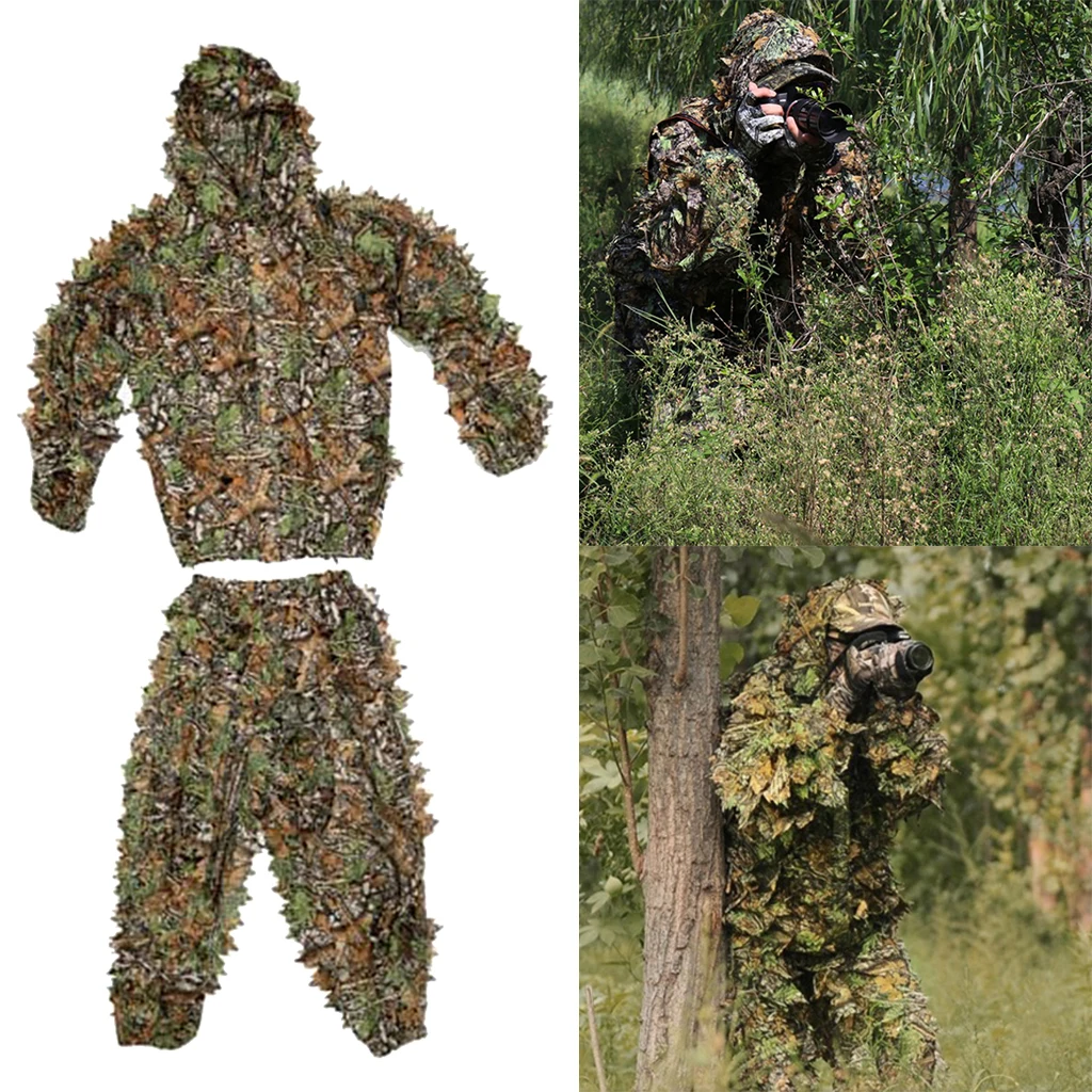 3D Lifelike Leaf Camo Ghillie Suit Hunting Training Sniper Tactical Camouflage Clothes Hunting Clothes Set for Adults Kids