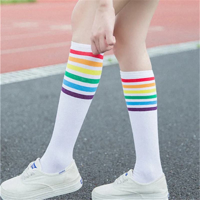 estilo retro Egurs Calcetines largos de algodón estilo japonés por encima de la rodilla para mujer calcetines térmicos de invierno a rayas