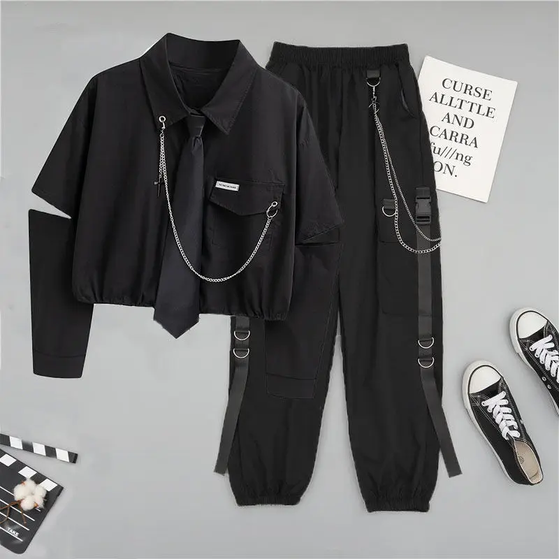 Women's Cargo Pants Handsome Cool 2 Two-piece Suit Sets with Chain Harajuku Long Sleeve+ribbon Pants Spring Autumn Overalls Tops pant suit for wedding guest
