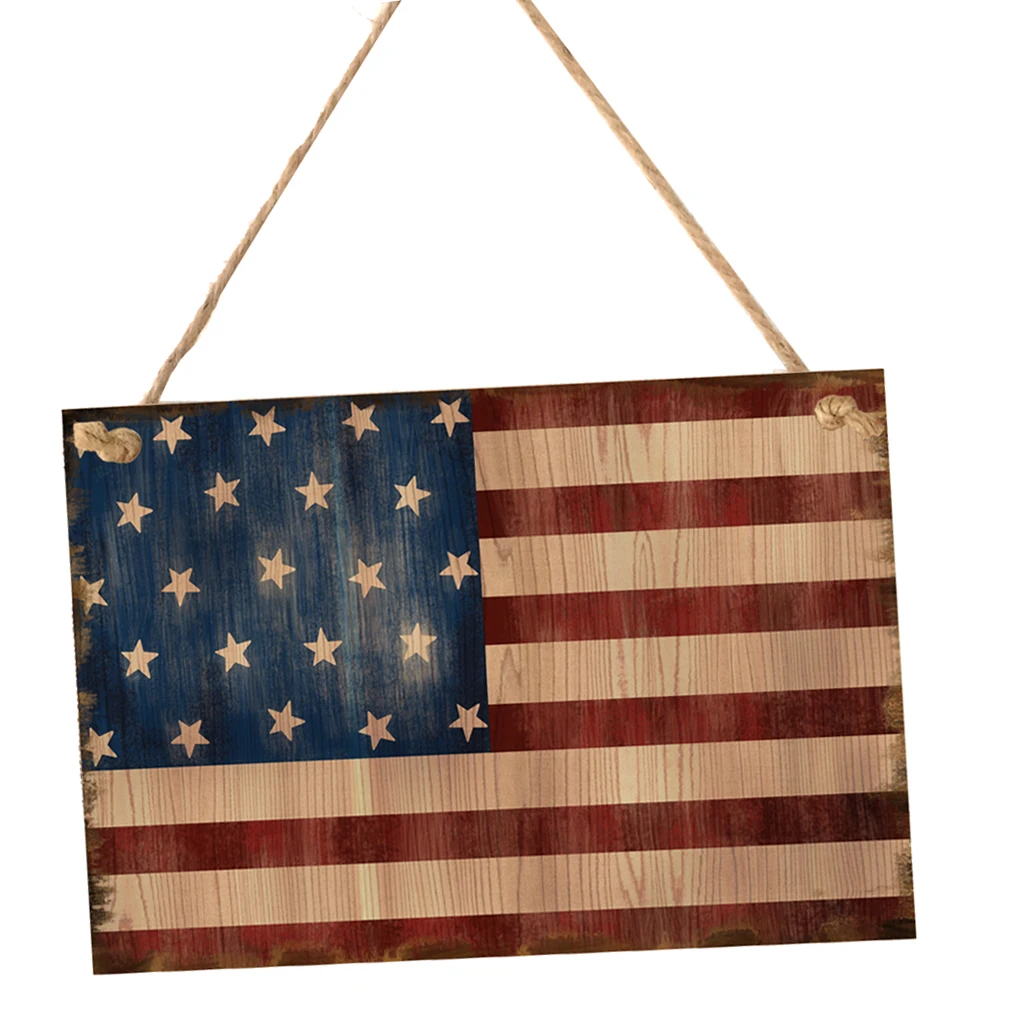 Decorative Wood Signs - Hanging Wooden Plaques With Rope, Natural Wood Signs, Decorative Home Door Wall Signs - America Flag
