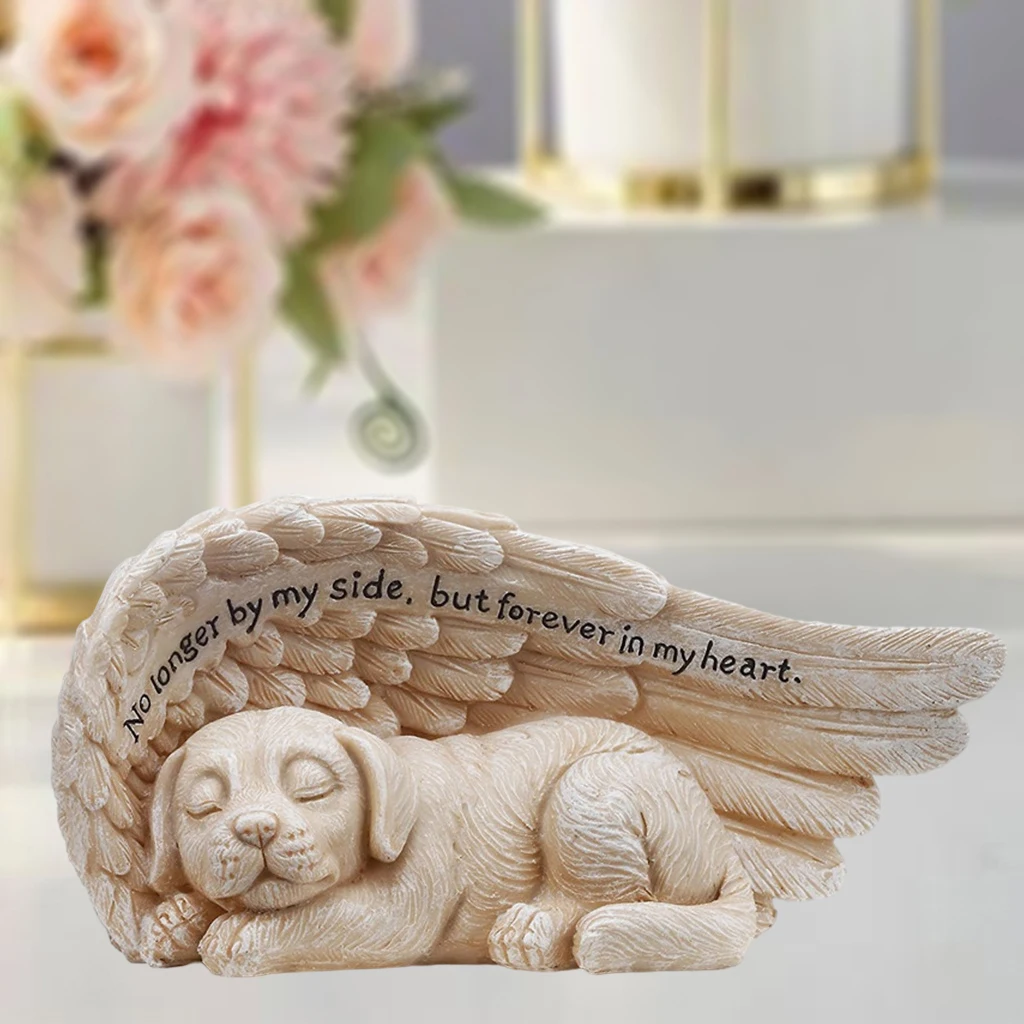 Sleeping Dog in Angel Wing Statue Pet Memorial Sculpture Grave Marker Tribute, Resin Crafts for Home Bedroom Living Room