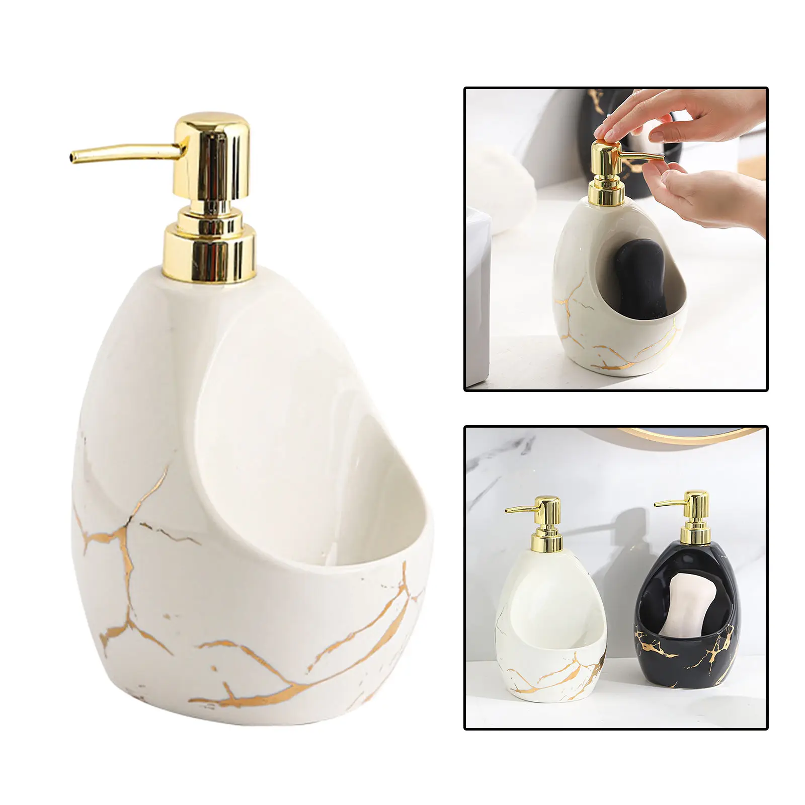 Soap Dispenser with Sponge Holder Ceramic Marble Look 2 in 1 Modern Caddy Organizer for Countertop Kids