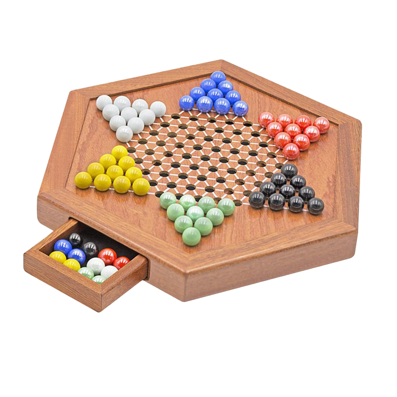 Classic Wooden Chinese Checkers 12 Inches with Drawers Halma Board Game Fine Glass Beads Family Multiplayer