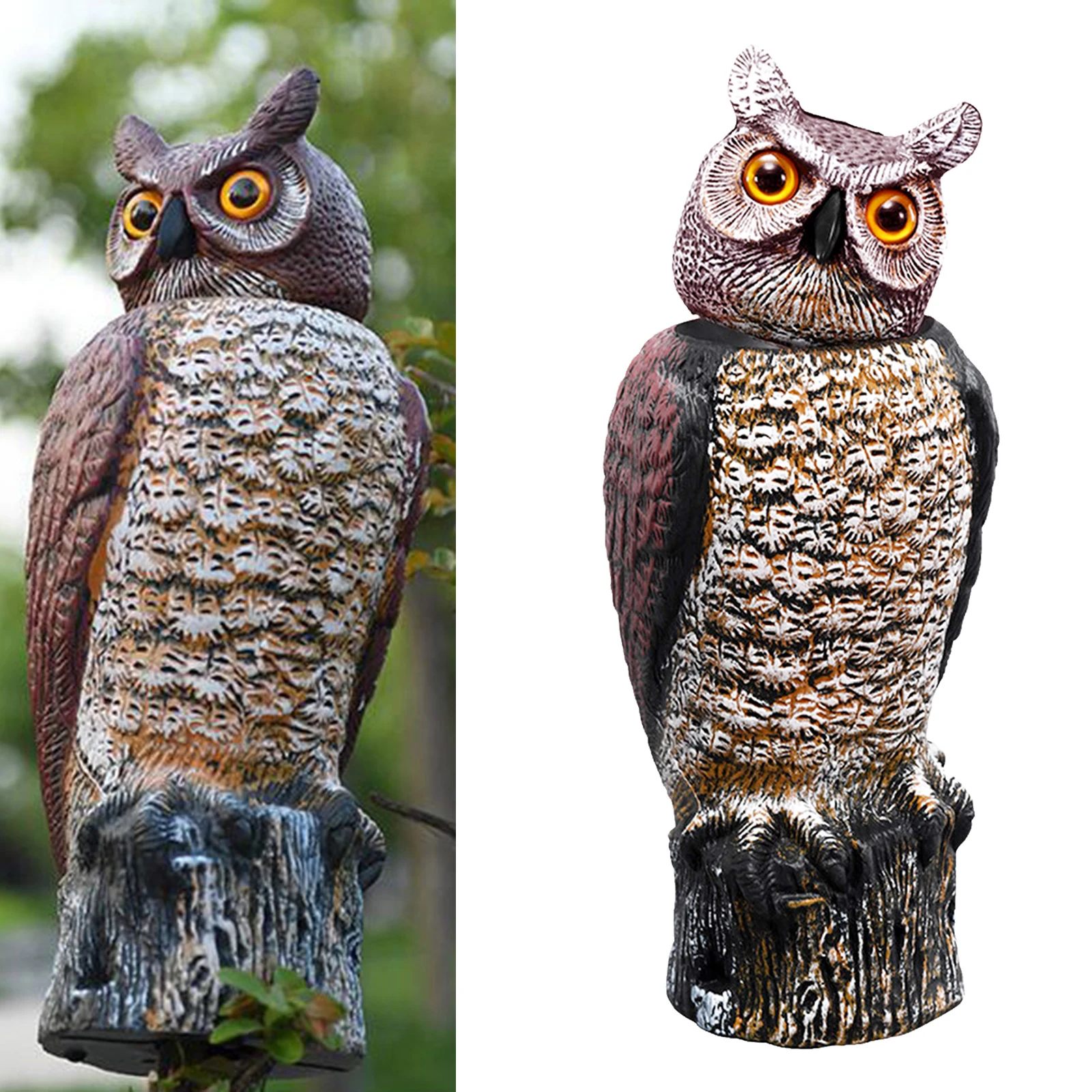 Handpainted Owl Decoy Statue with Rotating Head Bird Crow Scarer Scarecrow 18inch Tall