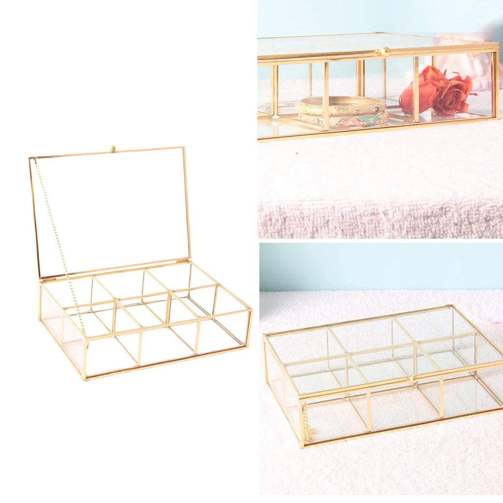 Retro Golden Jewellery Box Lidded Metal Clear Display Lipstick Rings Storage Bedroom Decor