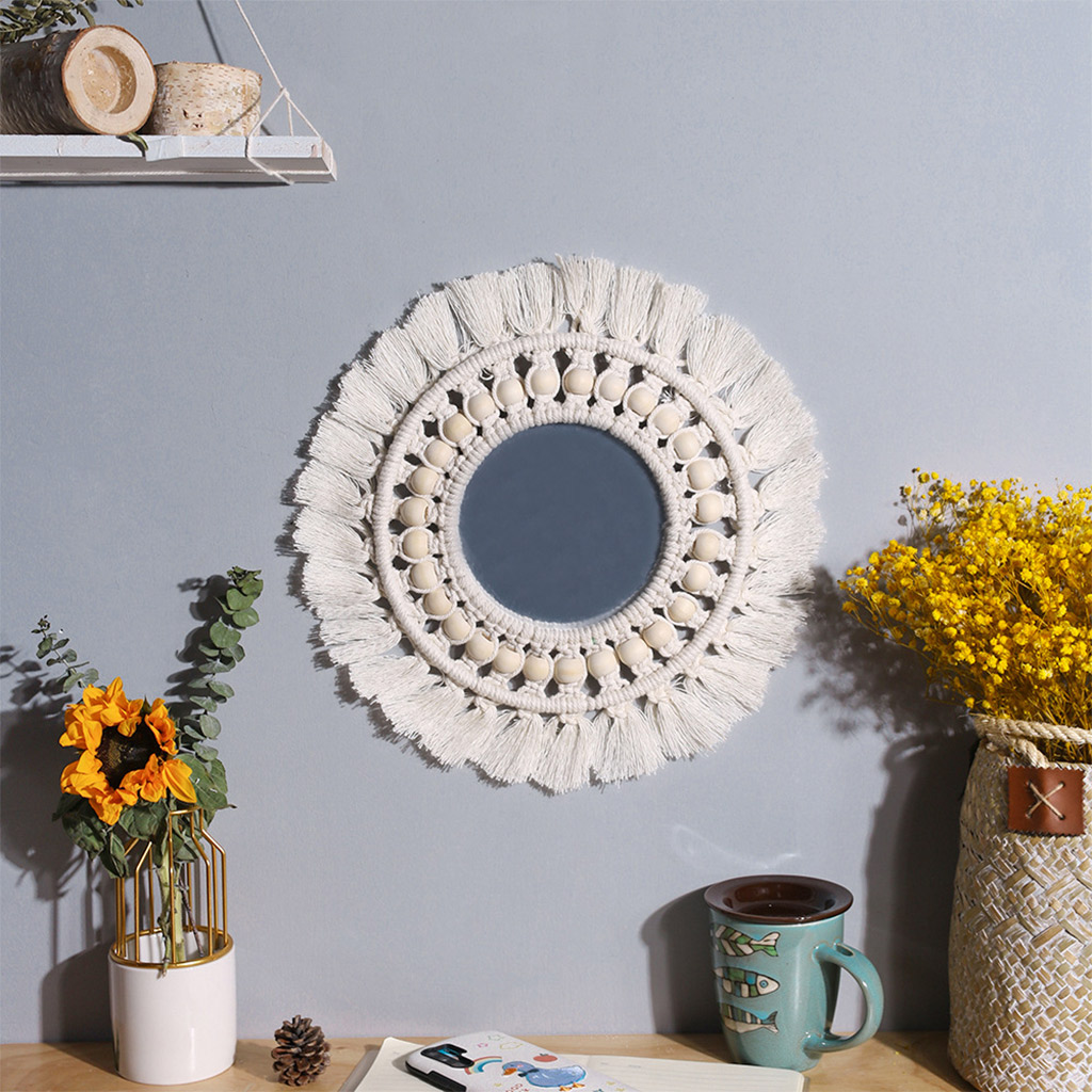ing Wall Mirror with Macrame Fringe Round Decorative Boho Antique Mirror for Apartment Living Room Bedroom Baby Nursery