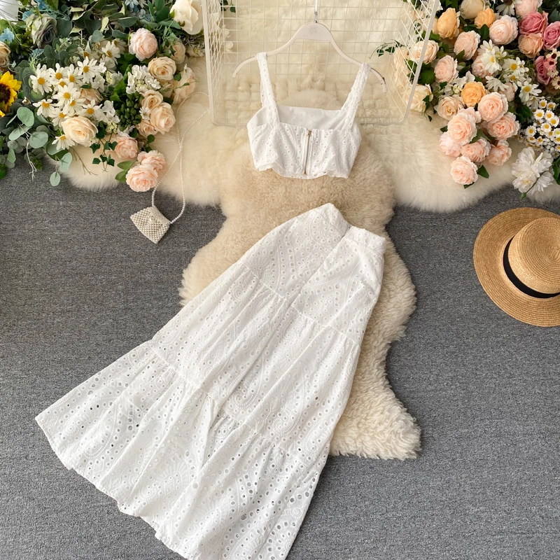 Summer Embroidered Cotton Lace Spaghetti Strap Crop Top A-line Swing Boho Long Skirts Two Piece Skirt Clothing Set Pink Mint short skirt
