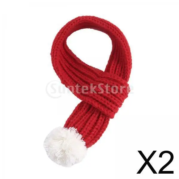 2x Dog Scarf with White Pompom Kitten Christmas Knitted Bandana for Small Medium Cats Dogs Cosplay
