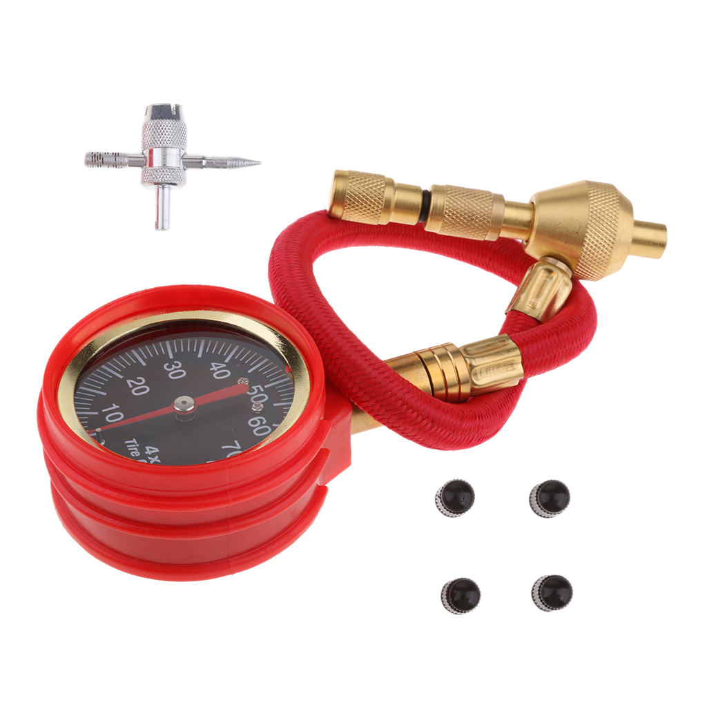 Red Mechanical Pointer Tire Pressure Gauge Tyre Deflator Kit with 4 Valve  for Automobile Cars Trucks Tire Repair Tools