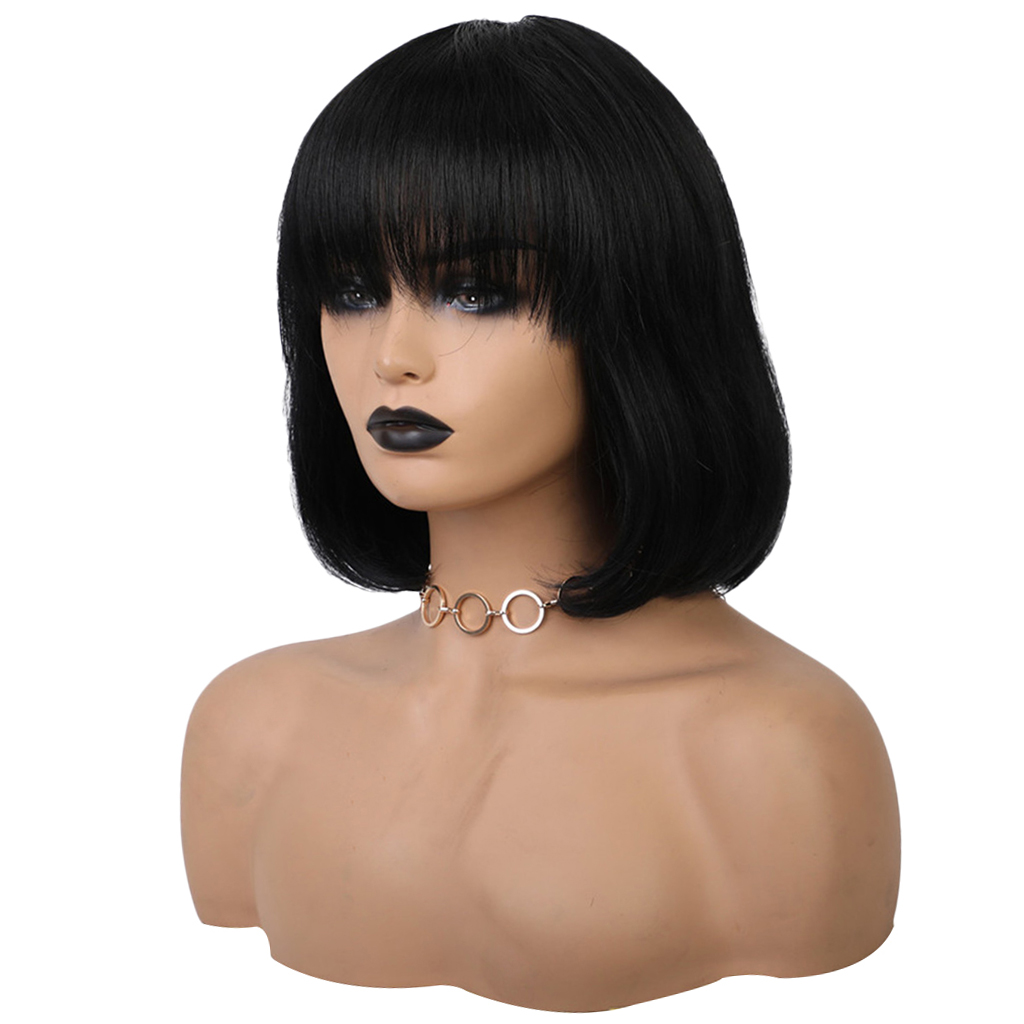 Women Short Bob Middle Part Wigs with Flat Bangs Straight Human Hair Flapper Cosplay Full Head Wig 12’’