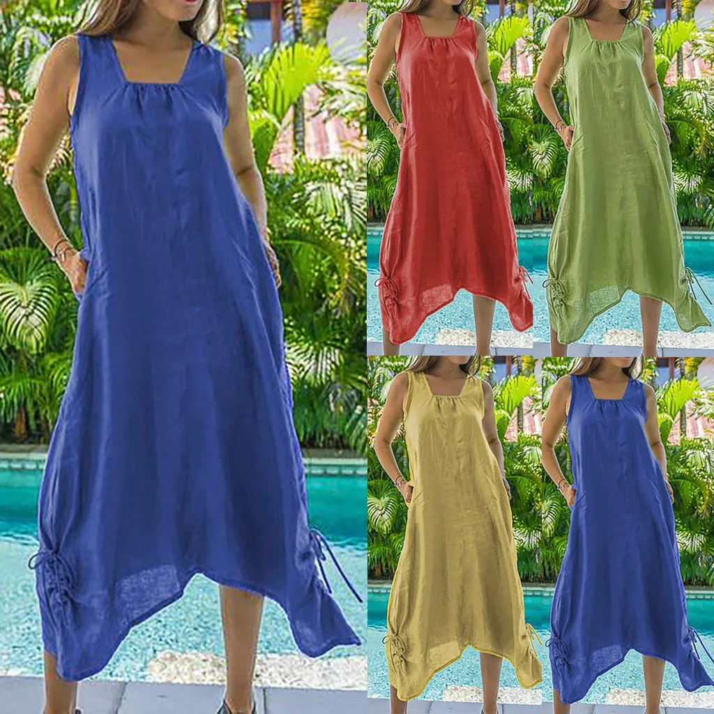 Women Summer Dress Plus Size Pure Color Linen Sleeveless Bandage Cotton ...