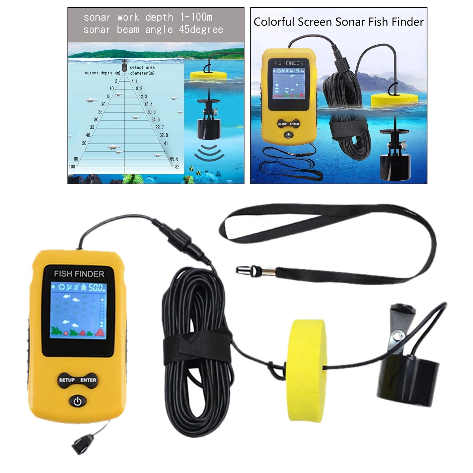 Portable Fish Finder, Contour Readout Handheld Fishfinder Depth Readout 3ft(1m)-328ft (100m) with Sonar Sensor Transducer