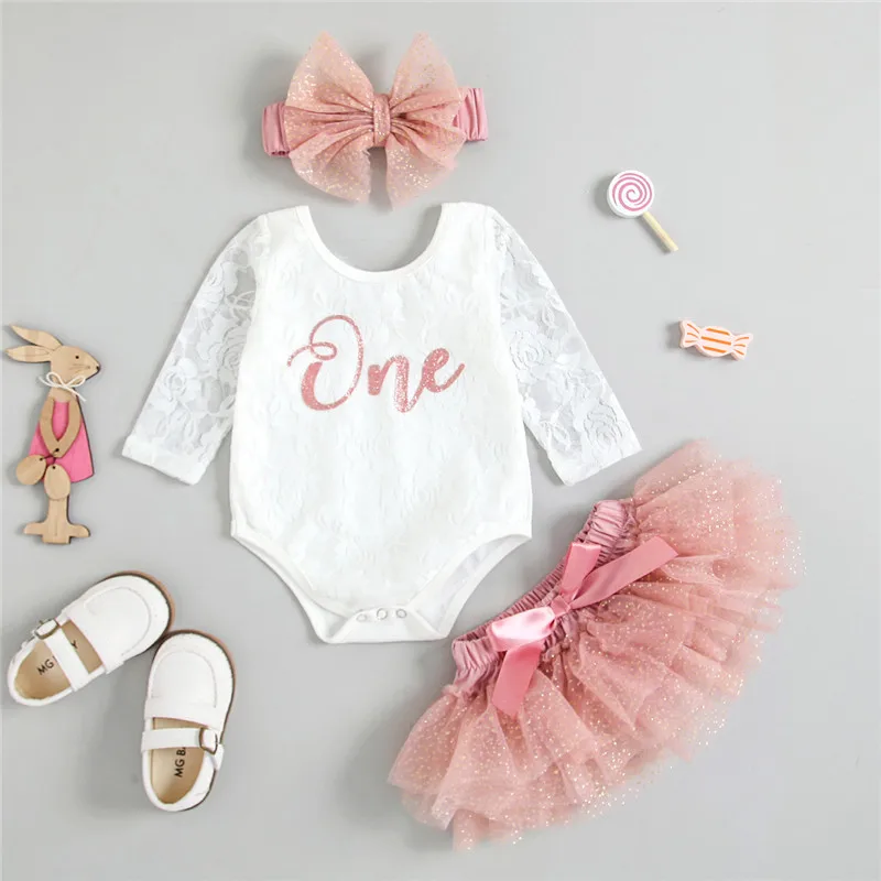 My First Birthday Outfits Baby Girl Clothes Long Sleeve Floral Lace Romper Tutu Skirt Headband Outfits Baby Summer Clothing baby's complete set of clothing