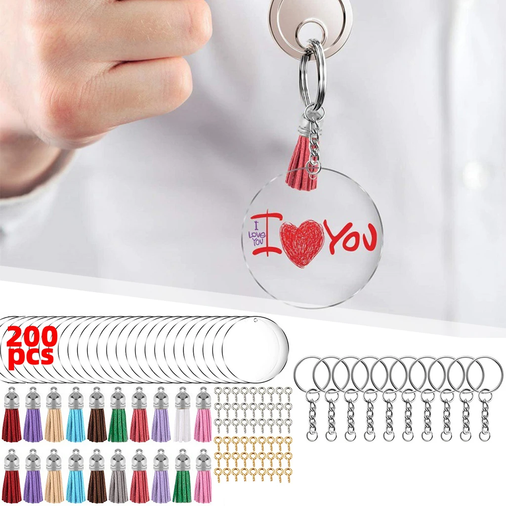 200 Pieces Acrylic Keychain Blanks Set 2 Inch Clear Acylic Rounds Blanks with Key Chain Rings for DIY Projects and Crafts