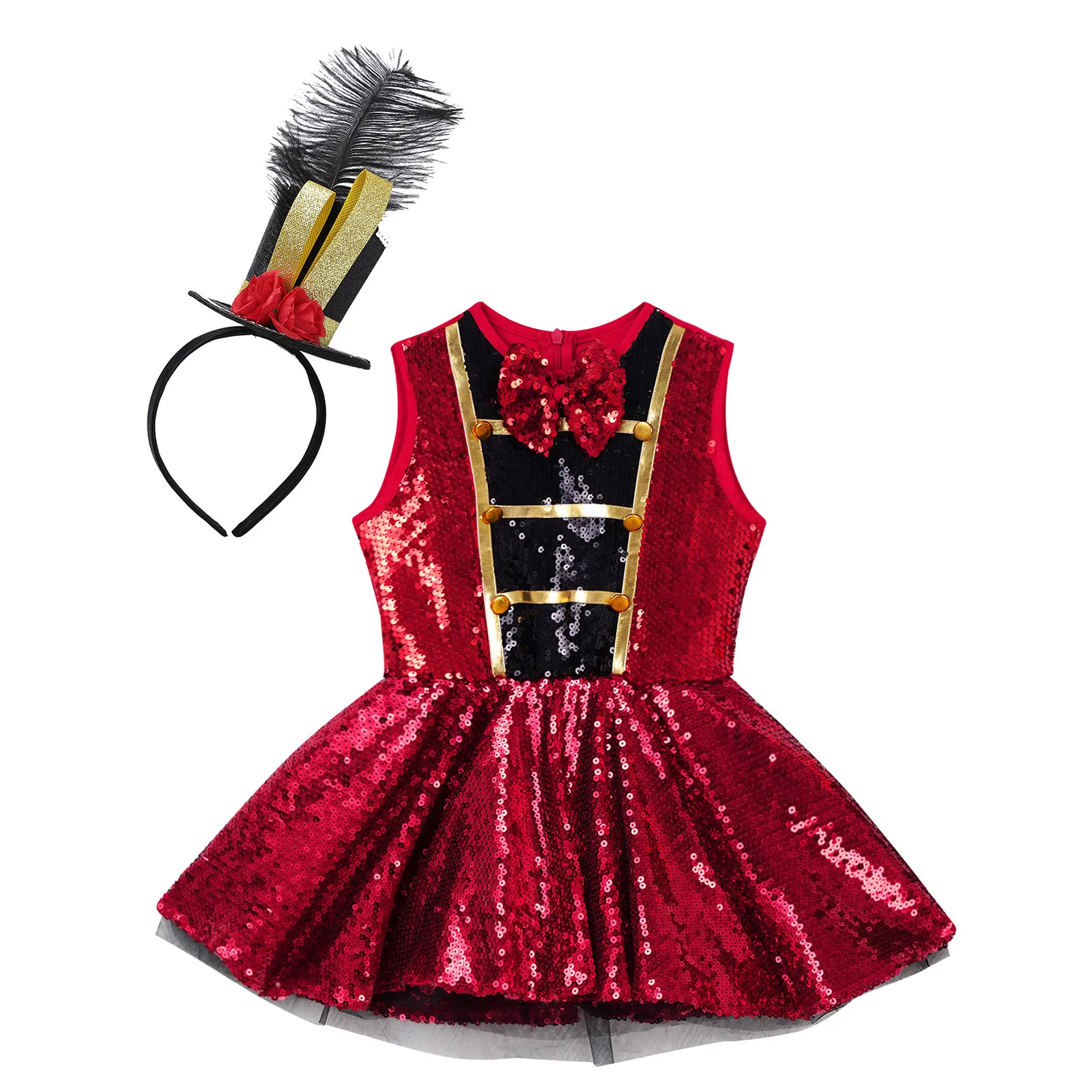 4-16 Years Girls Circus Ringmaster Costumes Shiny Sequins Leotard Dress with Feather Hat for Halloween Carnival Party Dress Up pirate costume women