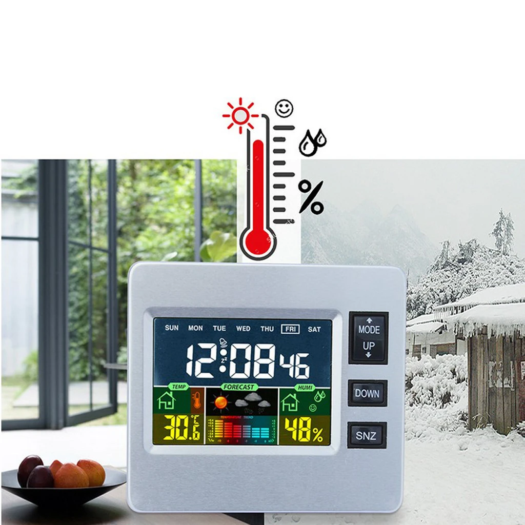 Desktop Colorful LCD Digital Snooze Alarm Clock Temperature Humidity Meter Clock