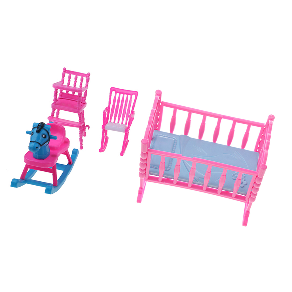Pink Baby Rocking Bed + Baby Dining Chair + Rocking Horse + Baby Rocking Chair Nursery Room Accessory for Dolls House