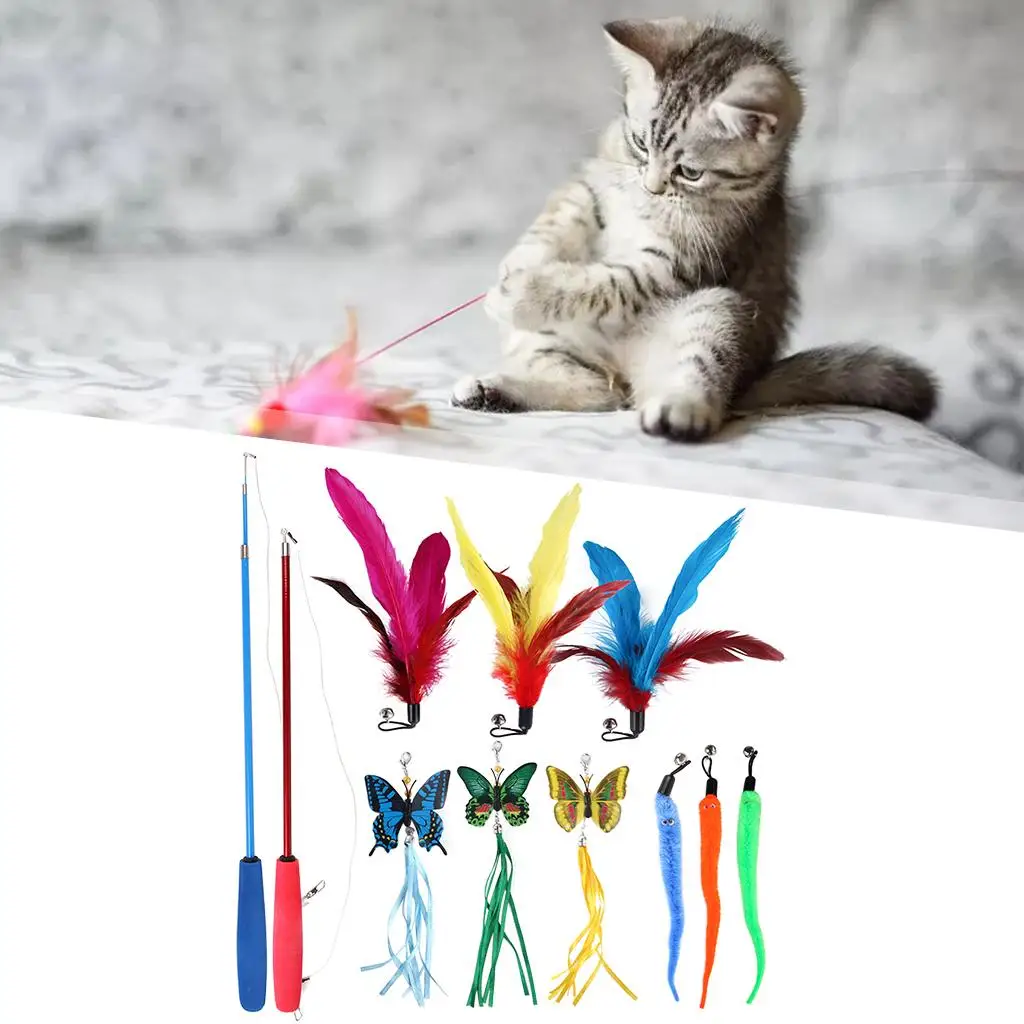 11x Wild Thing Feather Teaser Cat Toy 9 Assorted Teaser Refills 2 Telescopic Poles Funny Interactive Set for Exercise Kitten Fun