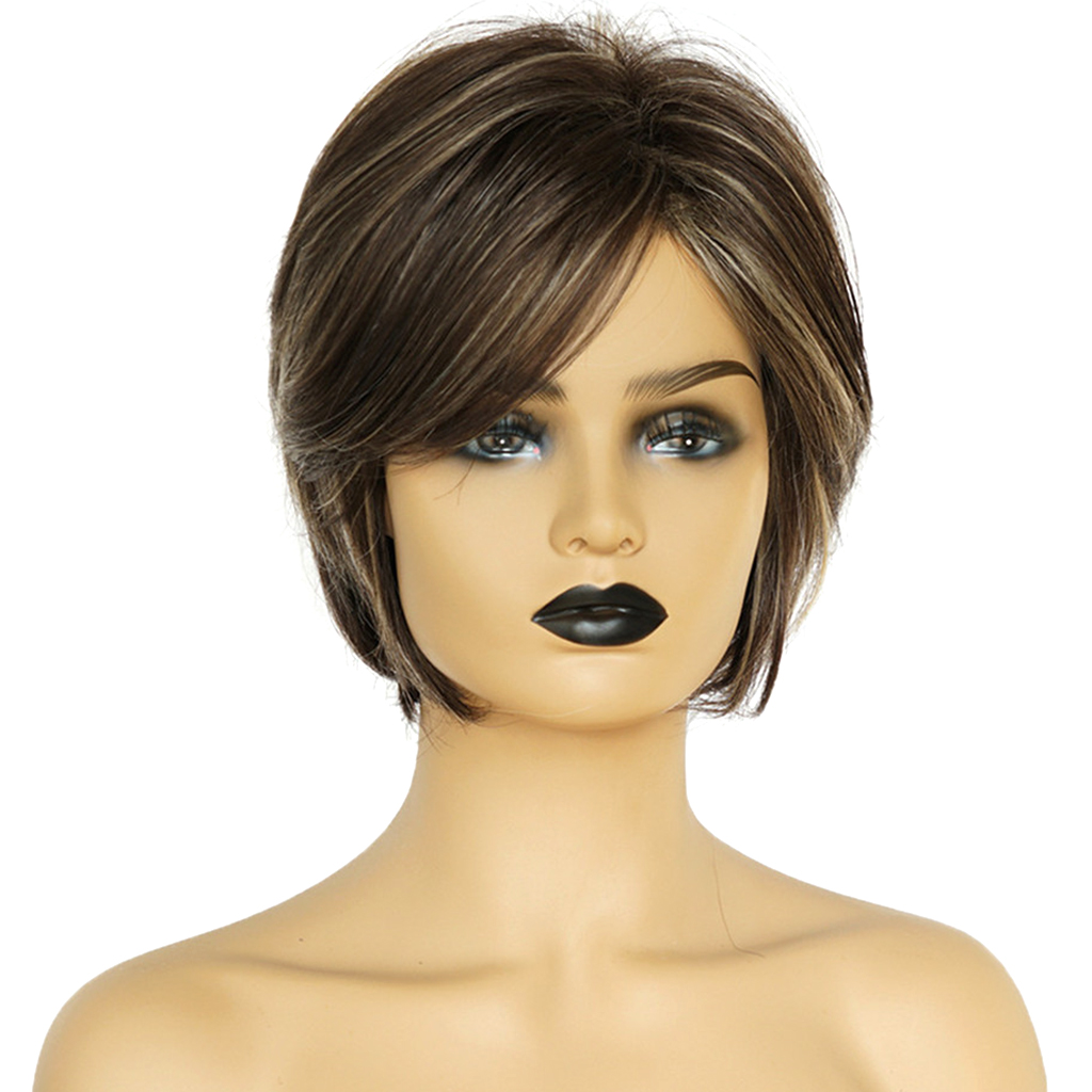 Lady Short Wigs Pixie Cut Hairstyle  Human Hair Wigs W/ Side Bangs