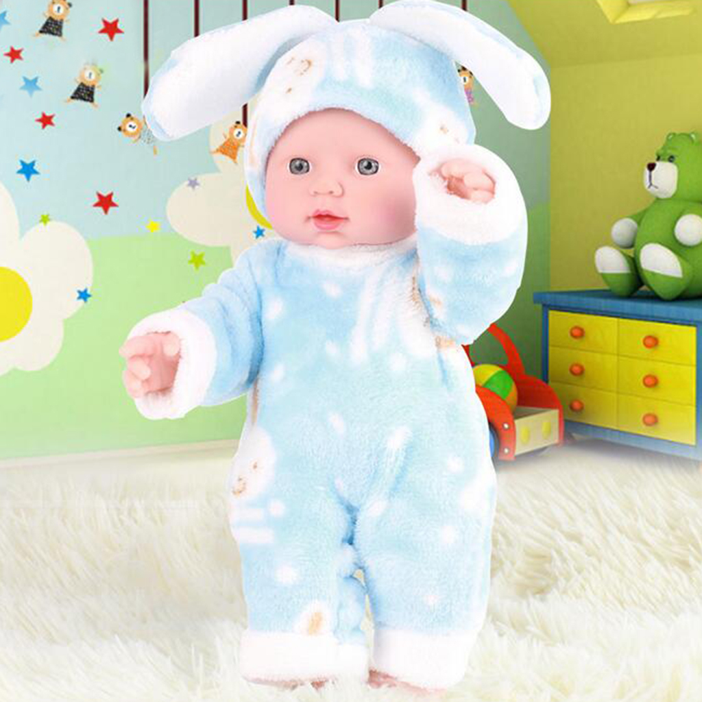 30cm Realistic Reborn Doll Baby Vinyl Newborn with Pink Rabbit Clothing Preemie Blue