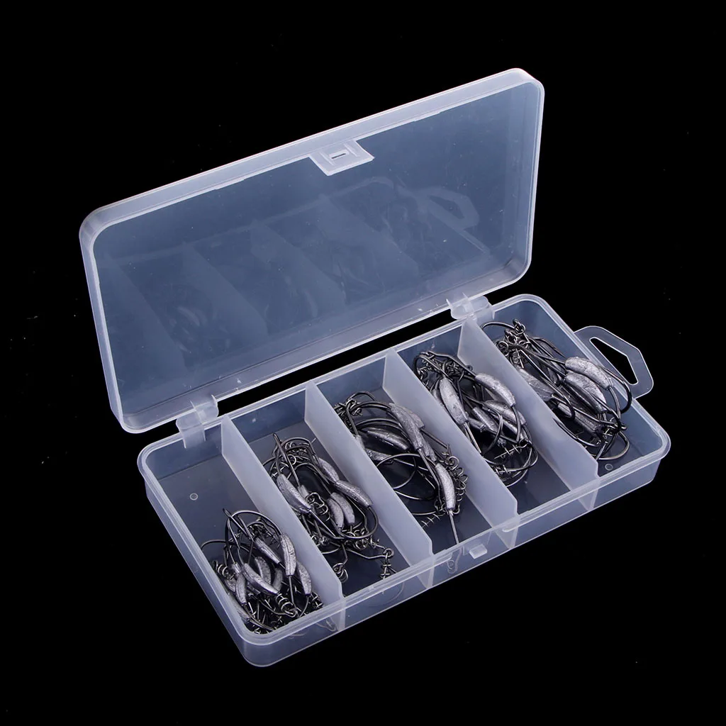 50pcs Weighted Superline Spring Hook with Centering Pin Offset Circle Worm Jig Fishing Hooks