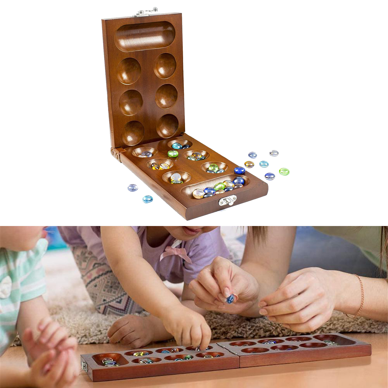 Mancala Board Game with Stone Beads for Adult, Wooden Board Game for Families Kids, Portable Folding Travel Size