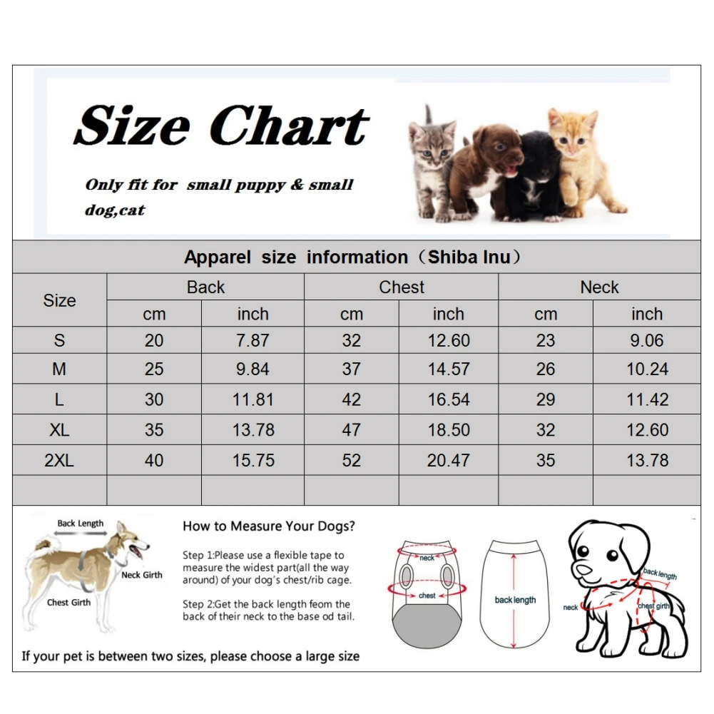 Una tabla de tallas para ropa para mascotas, específicamente para cachorros y perros pequeños. La tabla proporciona medidas en centímetros y pulgadas para la longitud de la espalda, el contorno del pecho y el contorno del cuello. Incluye tallas que van desde S (Small) hasta 2XL (2 Extra Large)