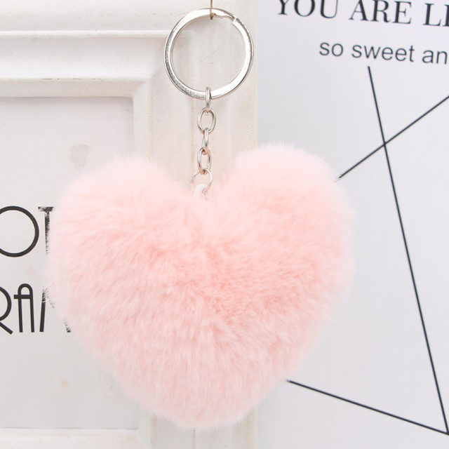 Pom Poms Keychains Fluffy Heart Shape Pompoms Keyring Faux Rabbit Fur Key  Chain for Car Bag Charm Rainbow