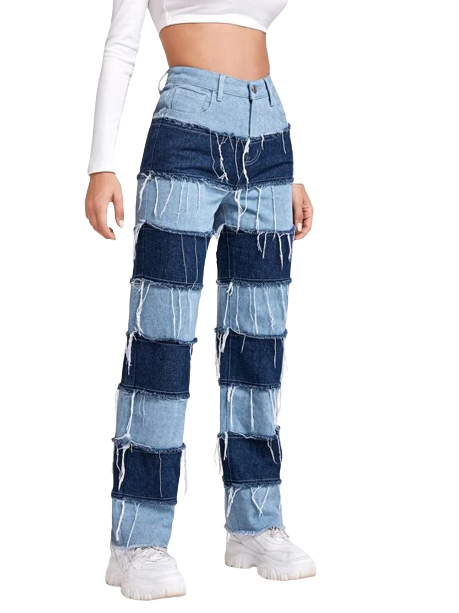 Streetwear Patchwork Tassel Y2K Woman Jeans Straight Casual Contrast ...