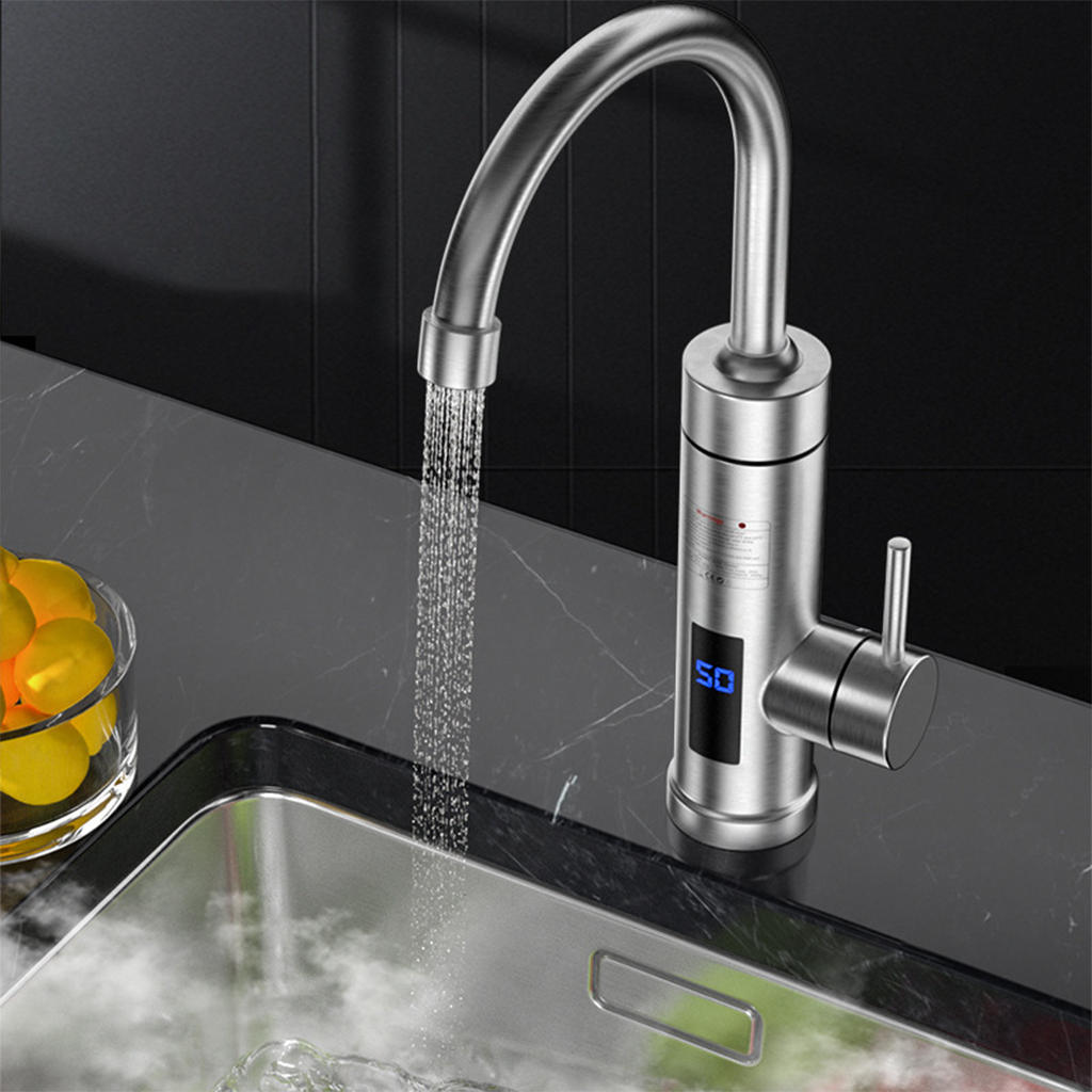 Stainless Steel Electric Tankless Water Heater Heating Tap LED Digital Display Hot/Cold 3000W Hot Water Faucet 360° for Kitchen