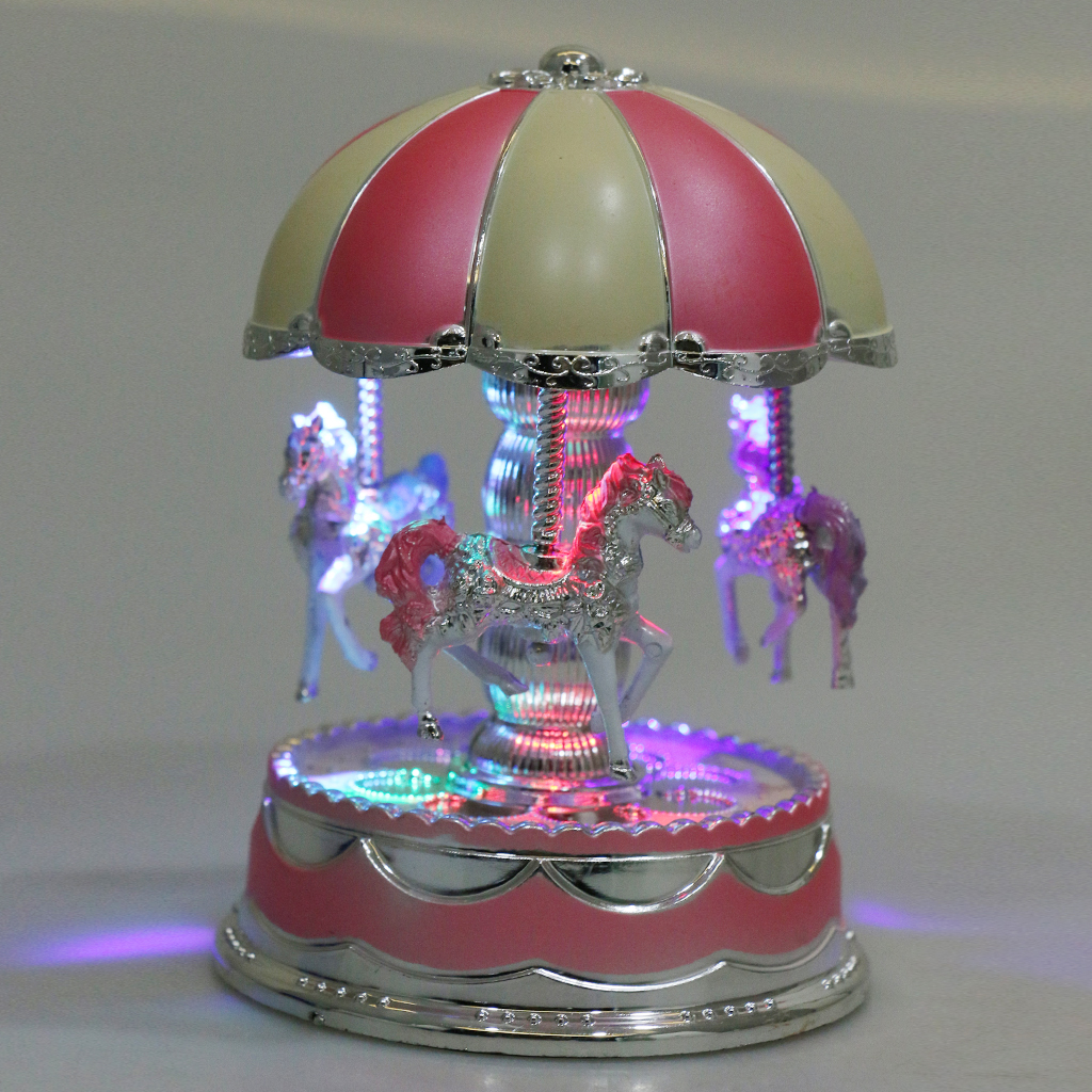 Vintage LED Light Carousel Rotating Music Box Mechanical Toy Kids Gift Pink