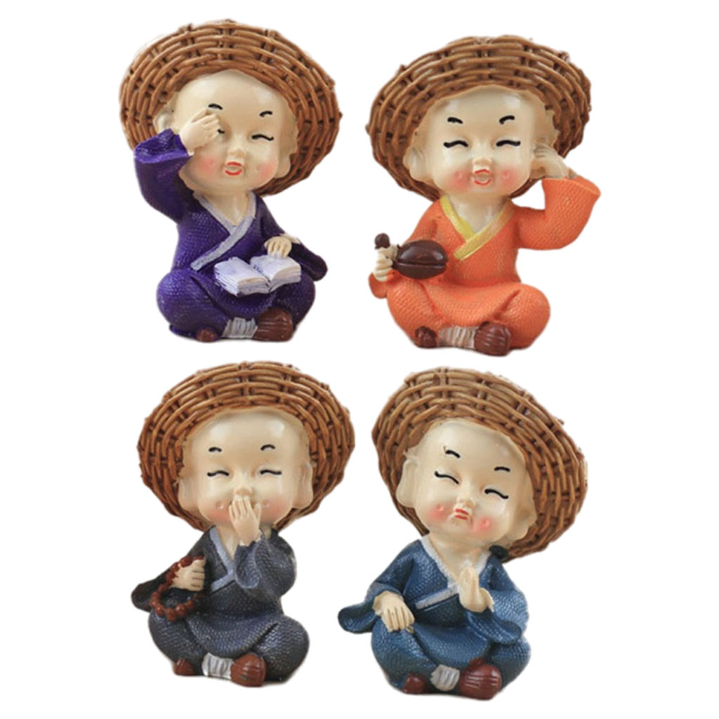 4pcs / set Cute Little Monk in Straw Hat Figurines Car Dolls Decoration, Home