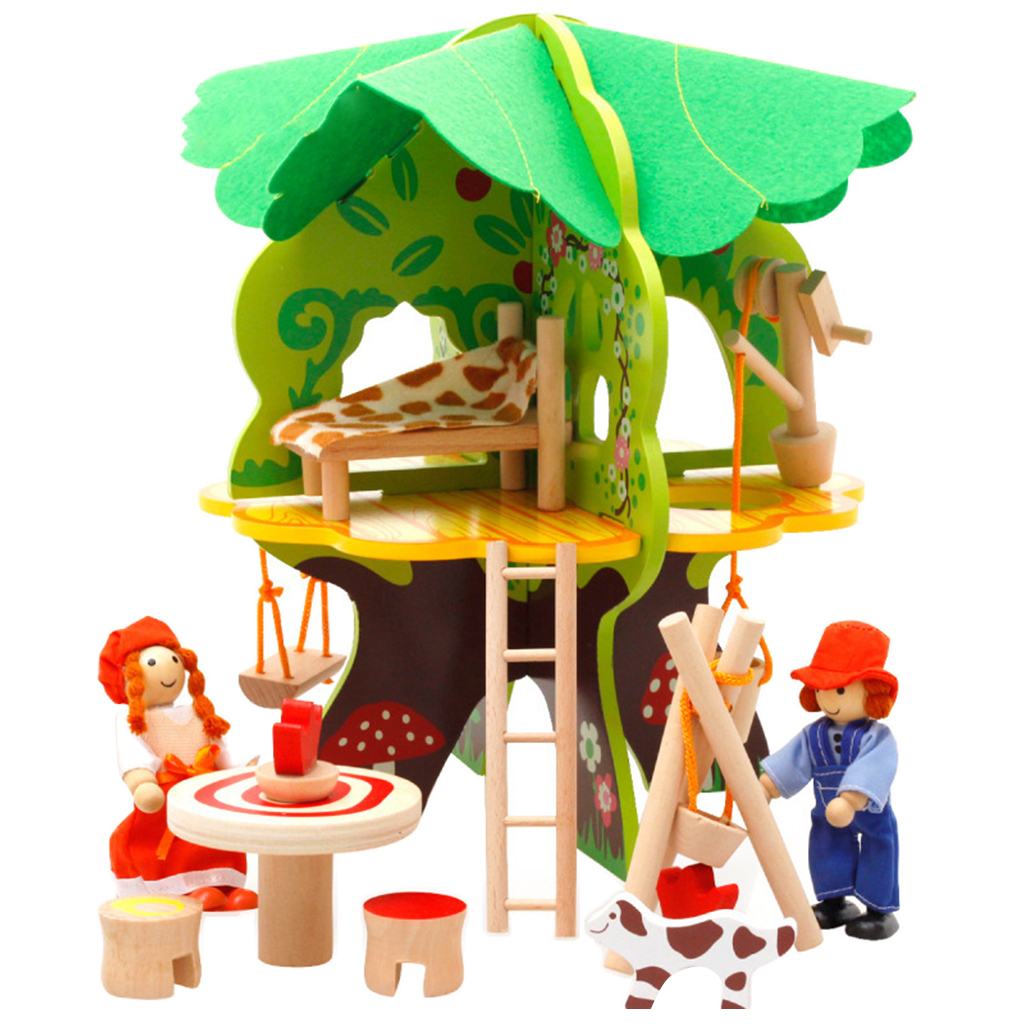 DIY Wooden Dollhouse Tree House Miniature Doll Figures Furniture Project Construction Kits Kids Building Toy Early Learning