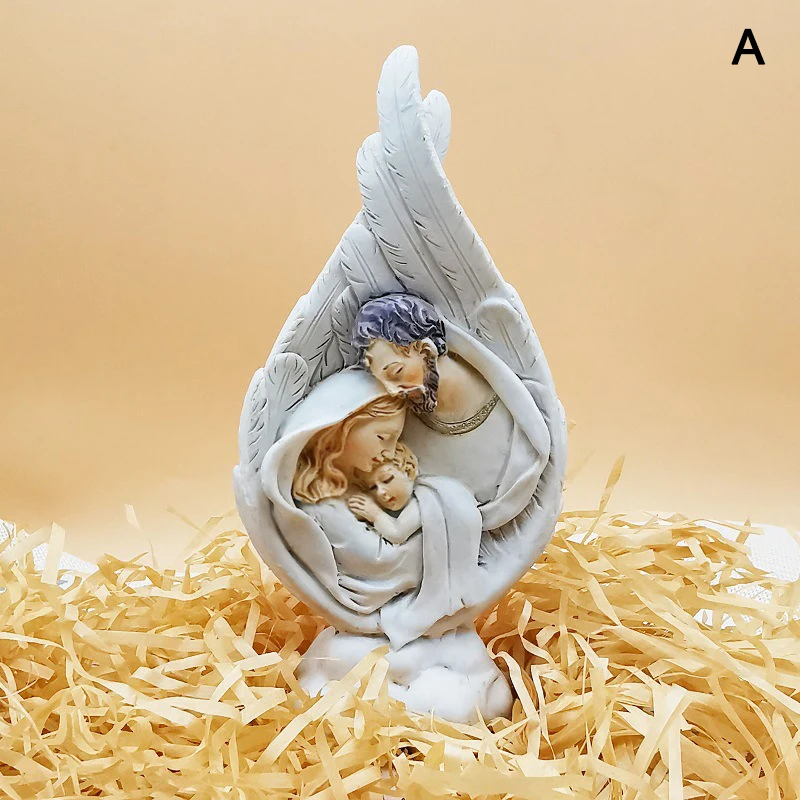 Christmas Ornament Mary Joseph Baby Jesus Nativity Angel Wings Resin Religious 