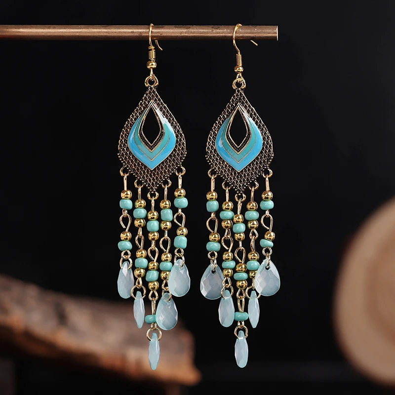 Ethnic Drop Earrings With Stone Decor Afro Boho Style Handmade Ear Drop Colorful Retro Metal Ear Jewelry Gift For Girls Ll@17