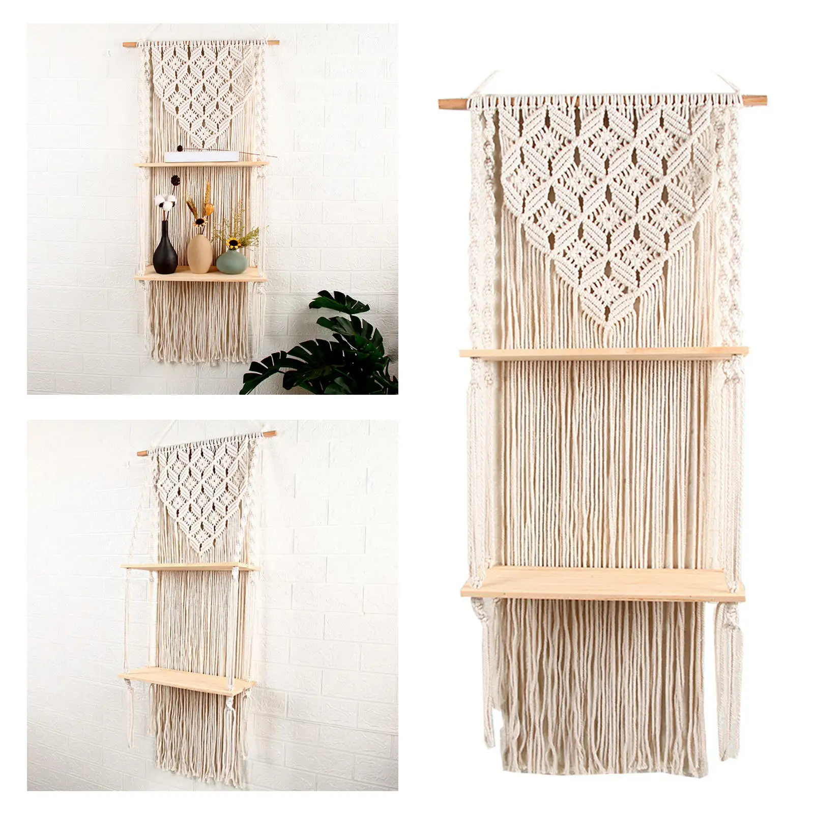 Chic Tapestry Macrame Wall Hanging Shelf Plant Display Home Organizer Books Flowerpot Woven Wood Shelf 2 Tiers Decor for Kitchen