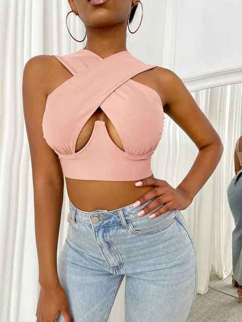 Sexy Women Criss Cross Tank Vest Close-fitting Halter Neck Cutout